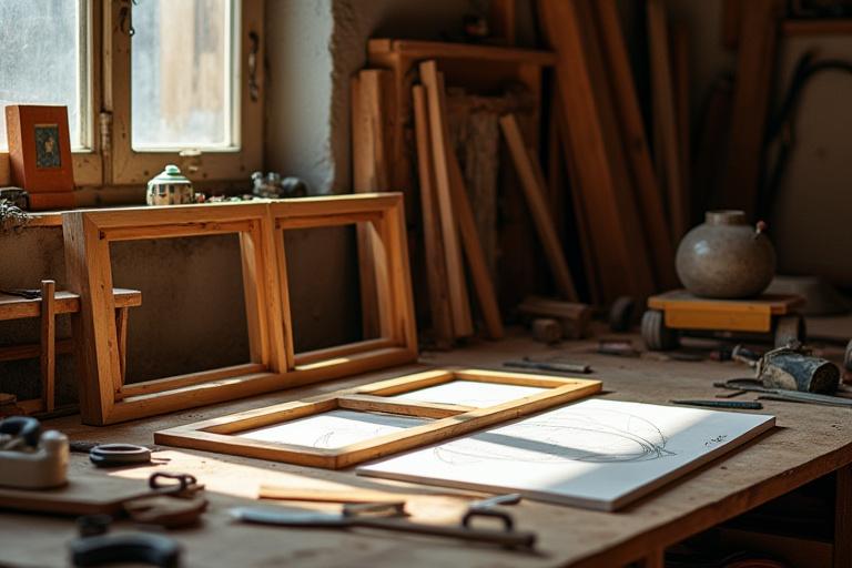 Artisan working on a custom wooden frame in a workshop